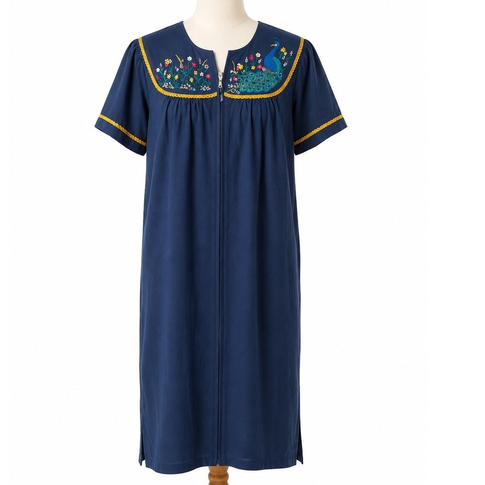 Patio House Coat Moo Moo Muu Muu Women Navy Blue Peacock Embroidered Zip Front L